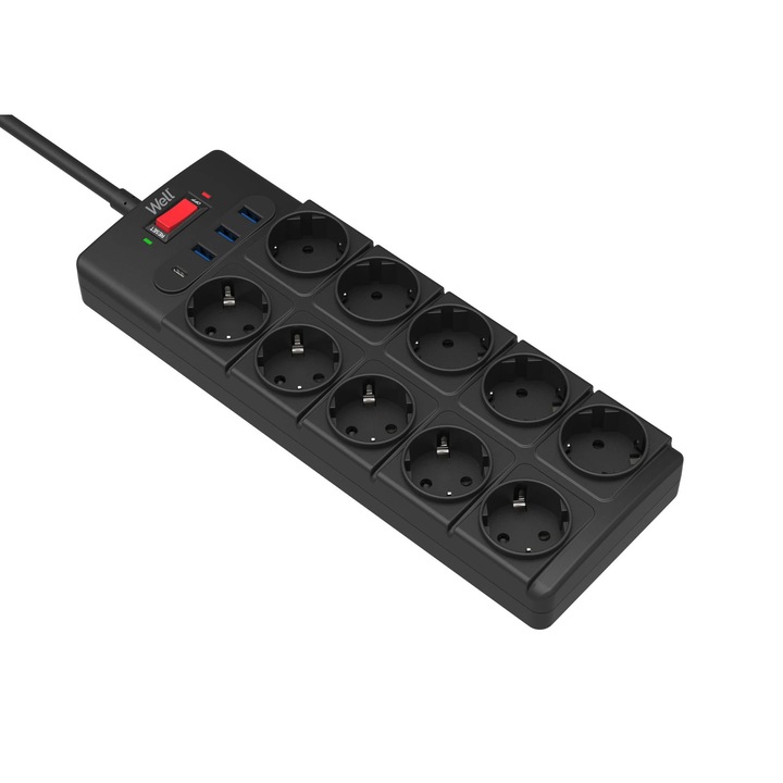 Prelungitor cu protectie Well, 10 prize schuko + 3 porturi USB + USB-C, 2 m, protectie copii, negru
