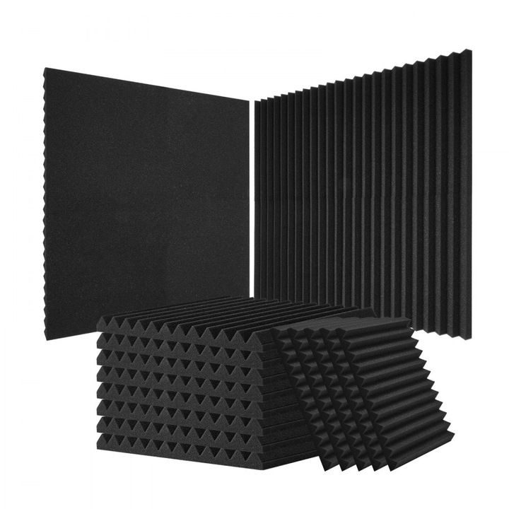 Set 80 Panouri Acustice din Spuma, Dimensiuni 30 x 30 x 2.5 cm, cu Adeziv, pentru Perete si Tavan, Negru