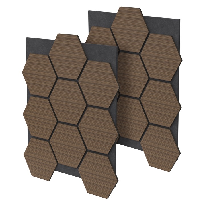 Set 2 panouri acustice hexagonale ML-Design, 66,5 x 81,1 x 2,1 cm, 1 m², maro, decor pentru tavan si perete, fonoabsorbante, izolatie fonica pentru birou, studio, gaming, locuinte