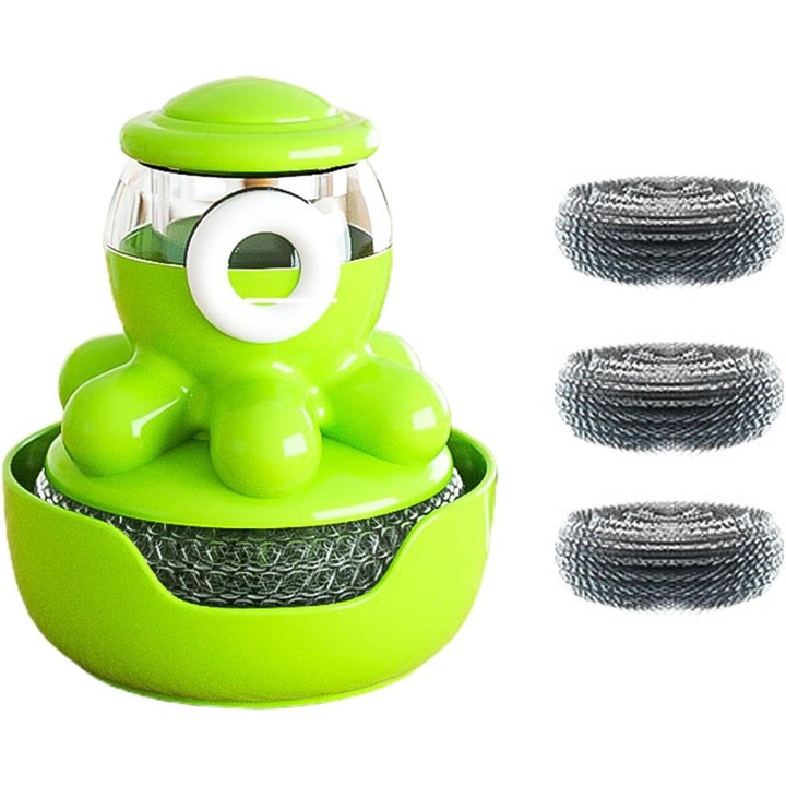 Octopus shaped automatic liquid cleaning brush, OEM， Press to clean the pot bowl, can be hung on the wall to save space, equipped with replaceable steel wire balls, 9.5x10x12cm, green