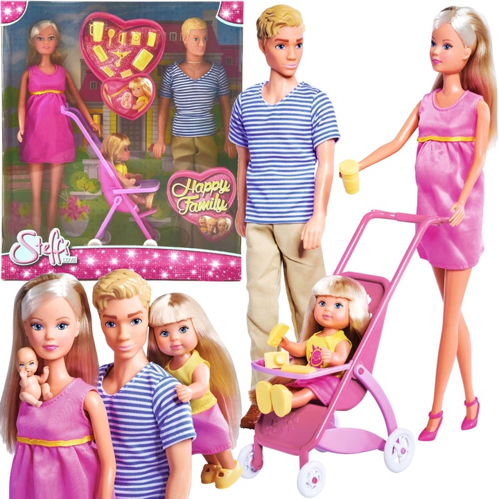 Set familie fericita Steffi papusa Kevin insarcinata, papusa Evi, papusa Bean si accesorii