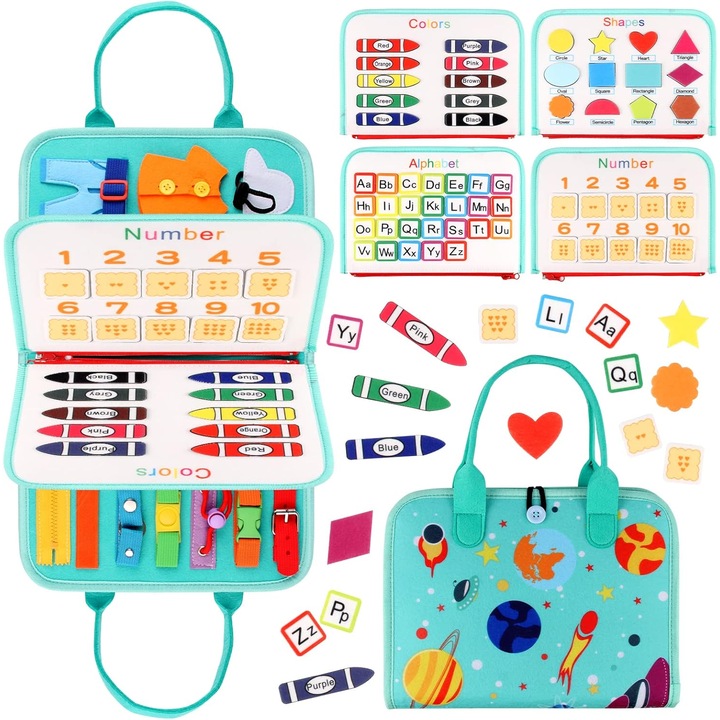 Tabla educationala din fetru pentru copii, jocuri Montessori, 15 activitati de imbracat, multicolor, pentru copii de 1-6 ani