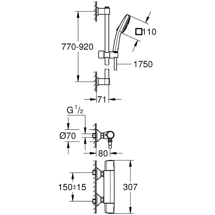 Baterie dus Grohe Precision Trend 34855003, aparenta, termostat, set dus, crom