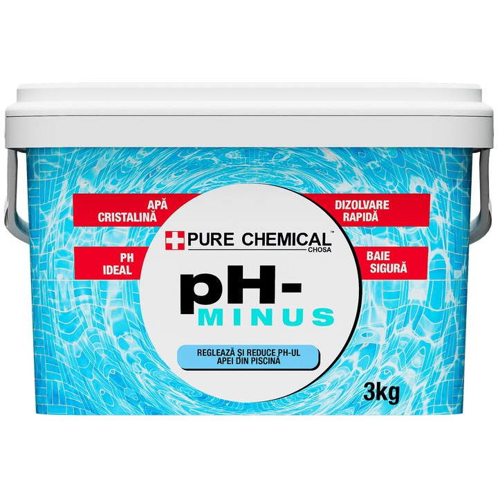 pH-szabályozó úszómedencékhez, Chosa, Ph Minus, por formájában, hatékony, gyorsan ható, hatóanyaga vízmentes nátrium-hidrogén-szulfát, adagolás 10 G / M³ / -0,1 Ph, tömeg 3 kilogramm