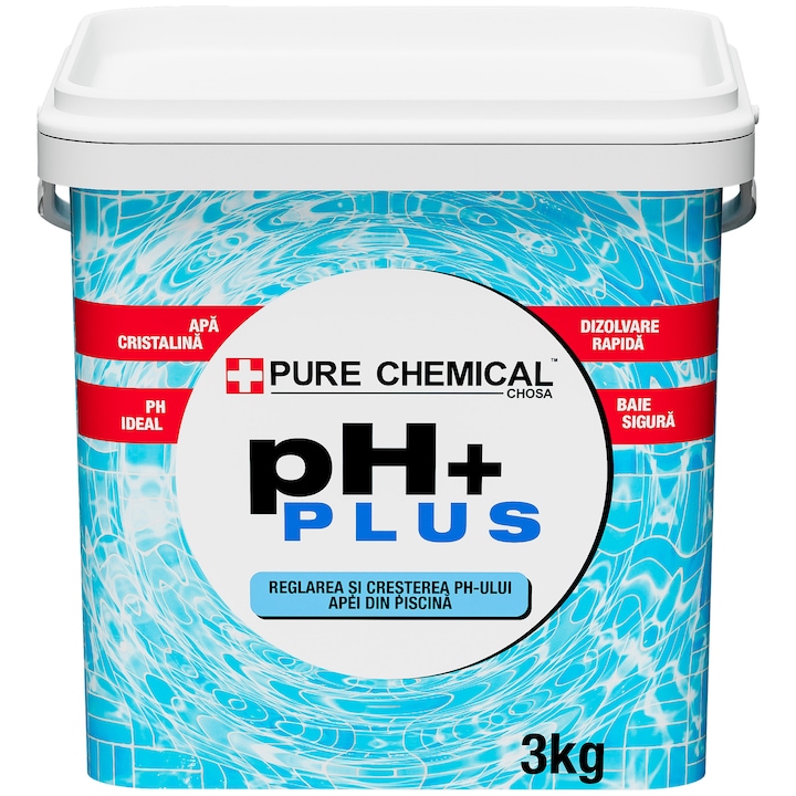 Regulator Ph pentru piscine, Chosa, Ph Plus, forma granule ultrafine, eficient, cu actiune rapida, substanta activa carbonat de sodiu, doza 10 G / M³ / +0, 1 Ph, greutate 3 kilograme