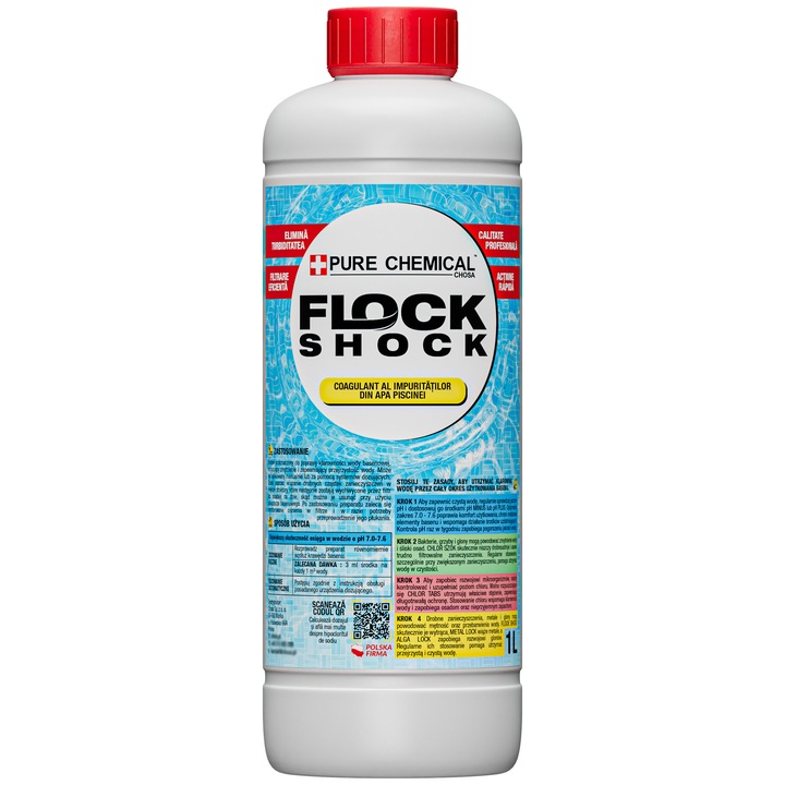 Úszómedence-koaguláns, Chosa, Flock Shock, Hatóanyag: Alumínium-diklorid, Hatóidő: 2-6 óra, Optimális pH: 7,0 - 7,6, 1 l 333 m³ vízhez (3 Ml/m³ dózisban)