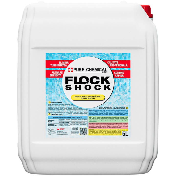 Úszómedence-koaguláns, Chosa, Flock Shock, hatóanyag: alumínium-klorid, optimális pH 7,0 - 7,6, hatásidő 2-6 óra, 1 l 1666 m³ vízhez elegendő (3 Ml/m³ dózisban), 5 l