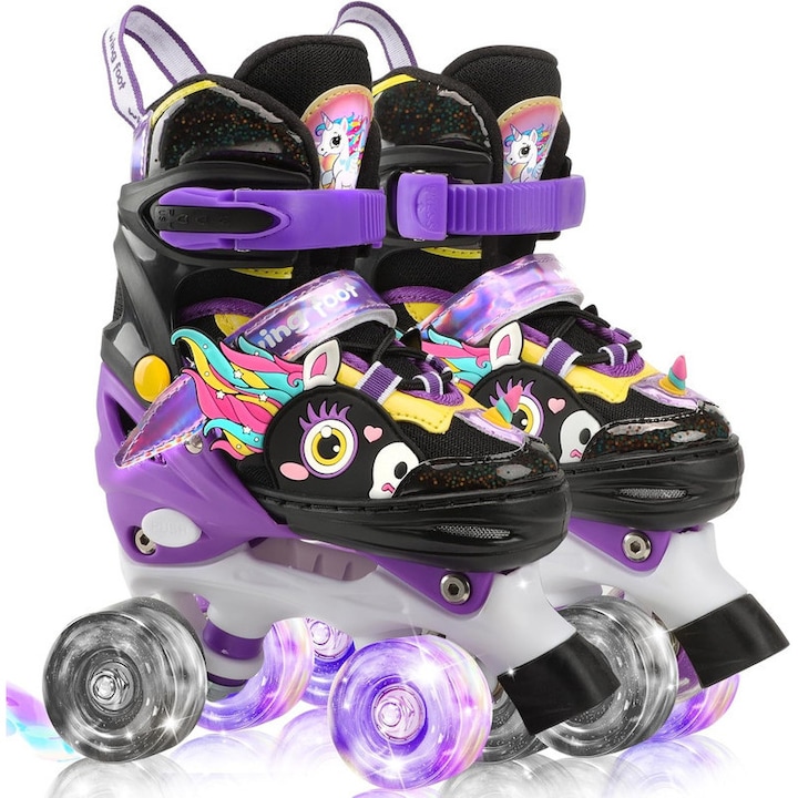 Patine cu rotile pentru copii, cu unicorni, 4 dimensiuni ajustabile, roti luminoase, pentru fetite 3-12 ani, culoare neagra, S 30-33 EU