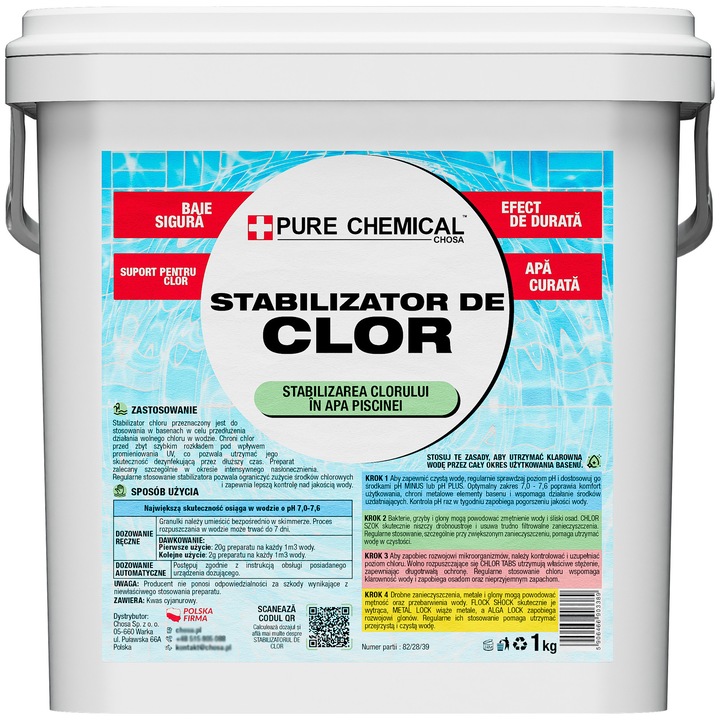 Stabilizator de clor, Chosa, granule, eficient, cu actiune rapida, protejeaza clorul liber de soare si temperatura, ultra-pur (> 99%), Ph 7.0 - 7.6, ambalaj ermetic multiplu, 1 Kg