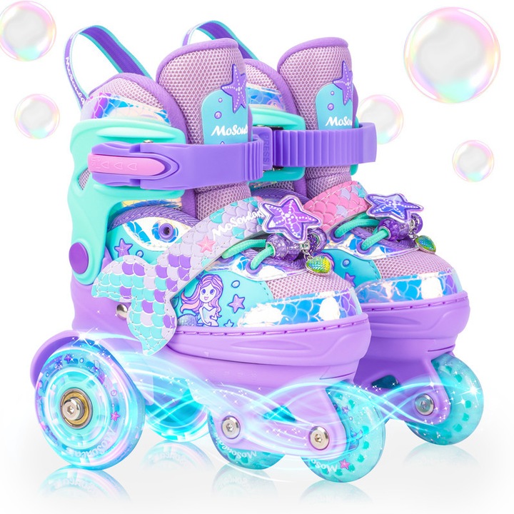 Ролкови кънки за деца русалка, 4 регулируеми размера, светещи колела, коледни подаръци за рожден ден, лилав цвят, S 31-34 EU