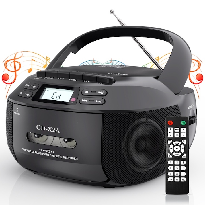 Radio portabil, Bluetooth 5.1, FM/AM, 110V-220V, USB, mufa audio de 3, 5 mm, CD, CDR, CD-RW, MP3-CD, WMA-CD, difuzoare incorporate, redare si inregistrare caseta, calitate sunet HD, telecomanda, negru