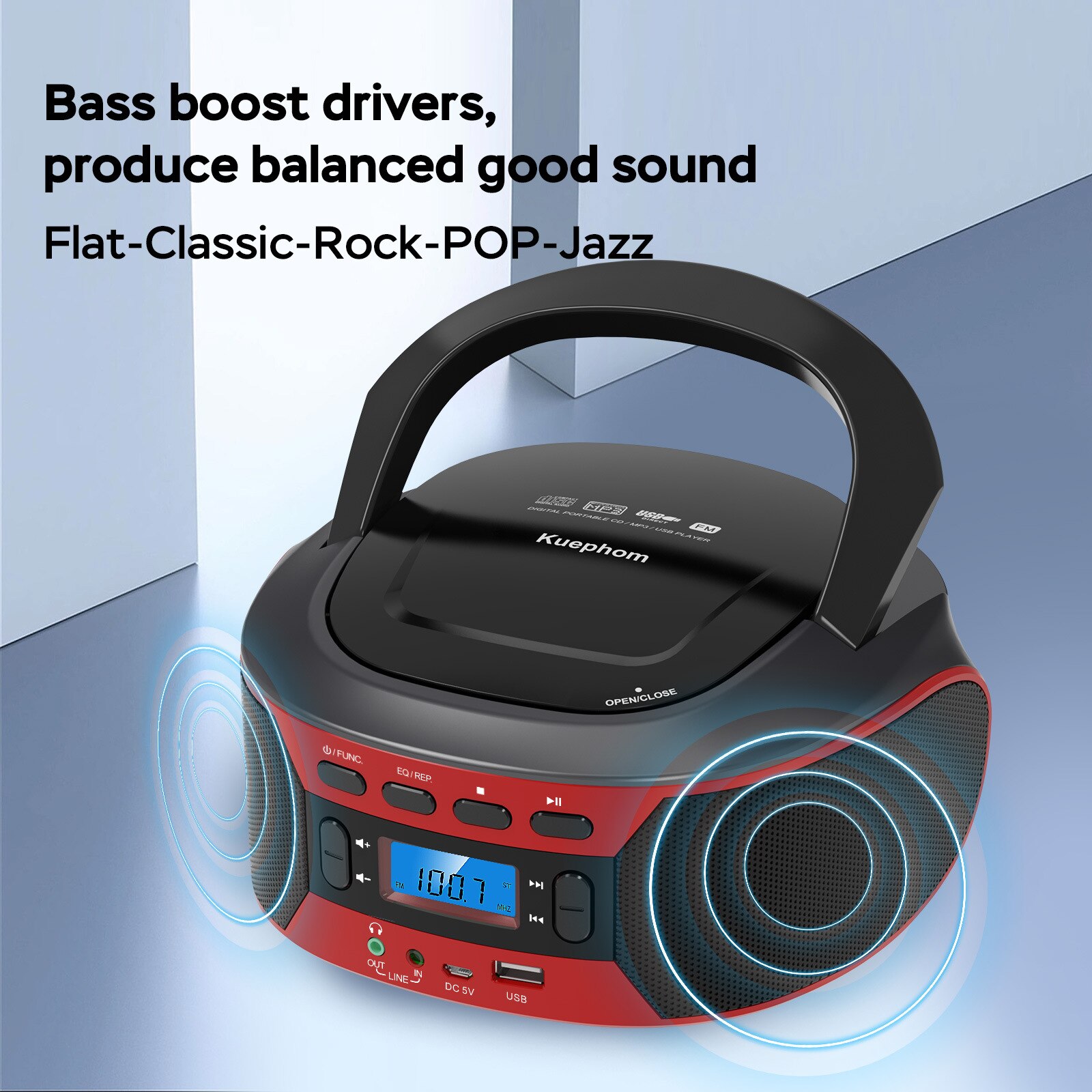 Radio portabil, CD player, Bluetooth, AC 220V/DC 5V, FM, USB, AUX ...