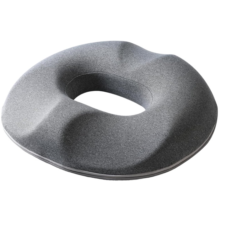 Perna sezut colac GEOMATAN®, din spuma cu memorie Premium, Ortopedica, Antiescara, Epiziotomie, pana la 120 kg, pentru scaun birou sau masina, confort Coccis, Husa respirabila si antialunecare, Sciatica, Dureri, Hemoroizi, 44×40×7 cm, Gri