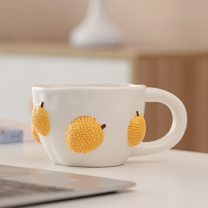 1 cana ceramica neregulata pictata manual, 400 ml / 13,5 oz, cu decor 3D cu fructe, cana de cafea creativa pentru birou si casa, potrivita pentru cuptorul cu microunde si masina de spalat vase - Durian