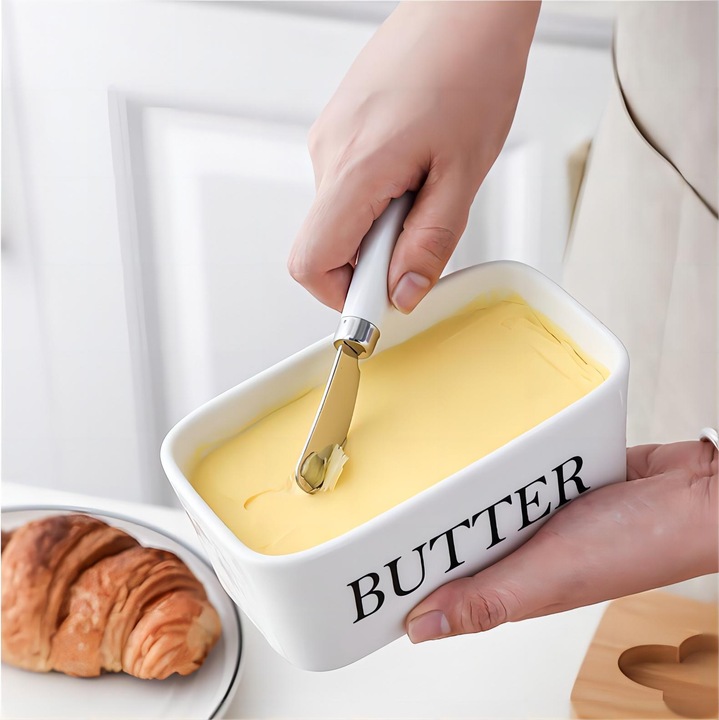 1 Set Unt cu Capac si Cutit din Bambus, Unt Mare din Ceramica cu Garnitura din Silicon de Calitate, Ideal pentru Coacere in Bucatarie si Cadouri, Recipient Ermetic pentru Unt, Acoperit pentru Blat sau Frigider, Articole de Bucatarie pentru Acasa - Alb