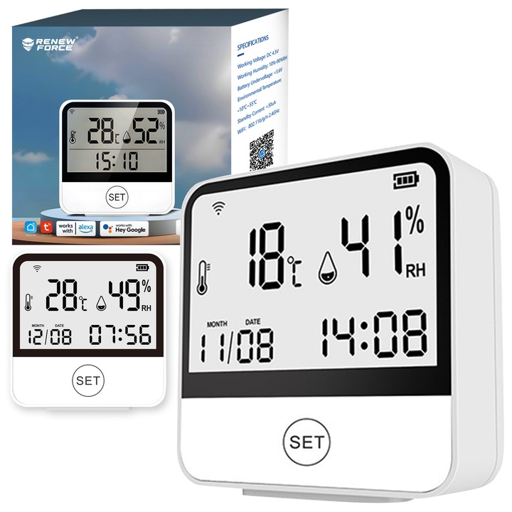Termometru si Higrometru de Camera RENEW FORCE®, Digital, Design Slim, Ceas, Lumina, Touch, Senzor Temperatura si Umiditate, Ecran LCD, Indicator Comfort, Ergonomic, Baterii Incluse, Functie Min / Max, Suport Stand, Slim, 70 x 70 x 26mm, Alb PA-010