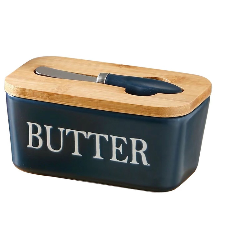 1 Set Unt cu Capac si Cutit din Bambus, Unt Mare din Ceramica cu Garnitura din Silicon de Calitate, Ideal pentru Coacere in Bucatarie si Cadouri, Recipient Ermetic pentru Unt, Acoperit pentru Blat sau Frigider - Albastru Inchis