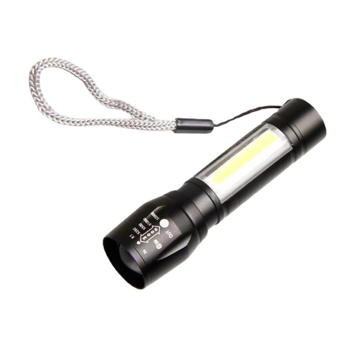 USB újratölthető teleszkópos LED lámpa, alumínium, fekete, 10x2.5cm