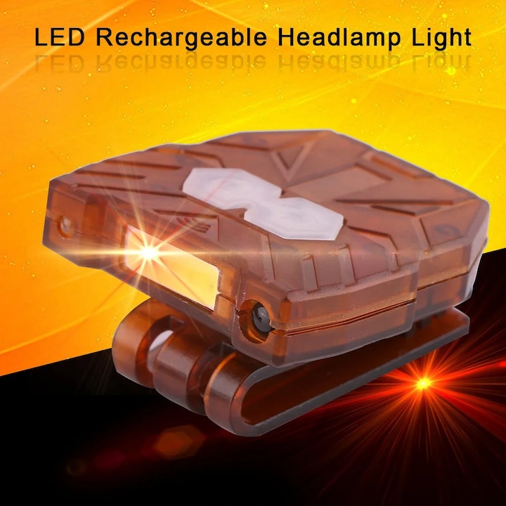 ZYBLSSBB, Lampa frontala din plastic cu LED COB, USB reincarcabila, clema pentru sapca si banda elastica, 5W, autonomie 5–6 h, maro translucid, LSM2xh3207-BCS0041990