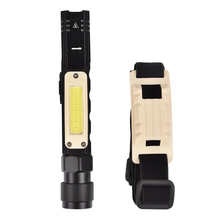 Lanterna de lucru ZYBLSSBB LSM2xh2895-BCS0040983, multifunctionala cu magnet puternic, XPG+COB LED, USB reincarcabila, 5 moduri, aluminiu, negru/bej