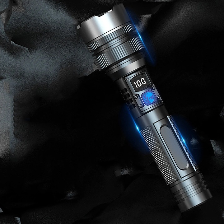 Преносим телескопичен фенер със силна бяла светлина, презареждащ се, универсален размер, черен