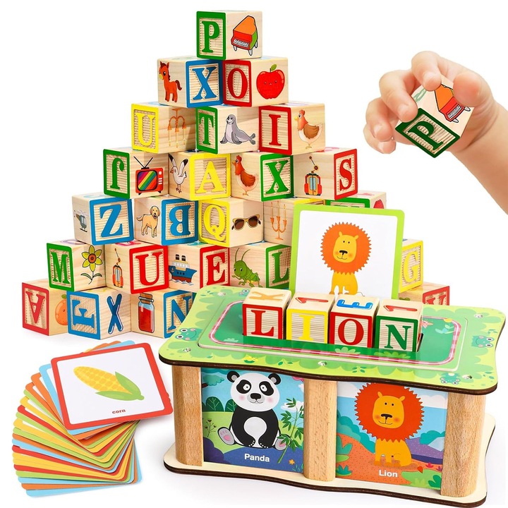 Montessori Oktató Fajáték, BYONDSELF®, Betűkkel, Számokkal, Képekkel, 27 Fakockával, 20 Kétoldalas Azonosító Kártyával és Hordozható Tárolódobozzal, Fiúknak és Lányoknak, 3 Éves Kortól+