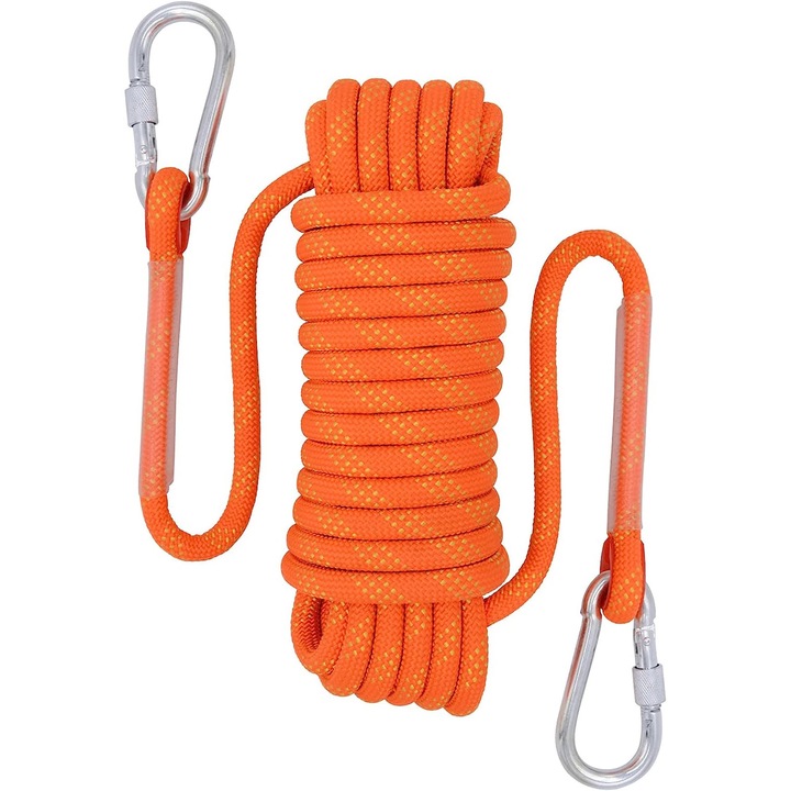 Franghie de alpinism cu carabina, Diametru 8 mm, lungime franghie 20 m, cu 2 carlige, sarcina maxima 400 kg, poliester, Portocaliu