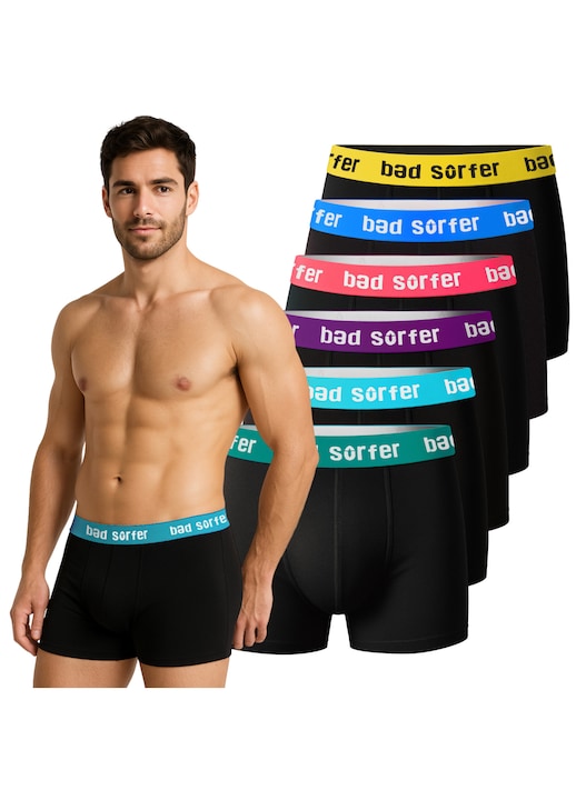 Set 6 bucati, boxeri barbati, Bad Surfer OnlyWave!, Banda elastica cu logo, Clasici, Bumbac,, Negru/Multicolor