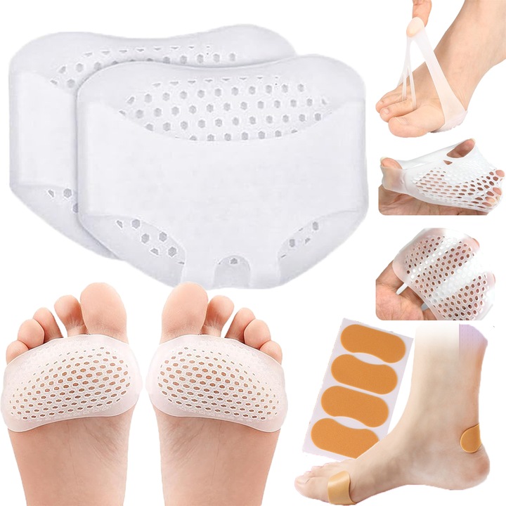 Set de tampoane pentru degete (2 buc.) + plasturi pentru degete (4 buc.), tampoane metatarsiene, tampoane reutilizabile din gel pentru picioare, tampoane pentru ameliorarea durerii, tampoane pentru hallux valgus, bila de picior