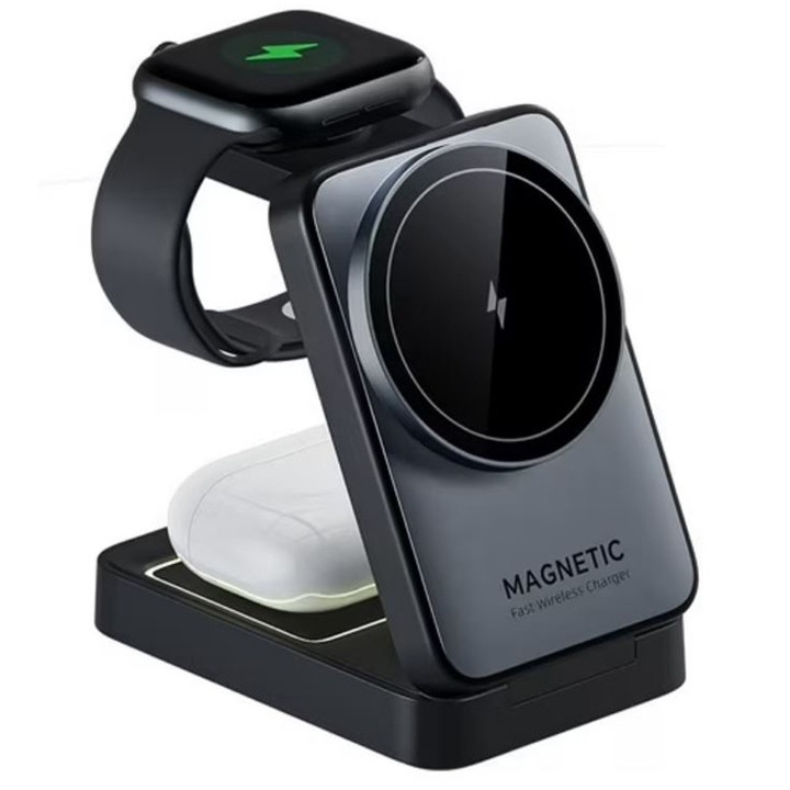 3 az 1-ben összecsukható állvány, 15 W-os vezeték nélküli töltés, mágneses, fekete