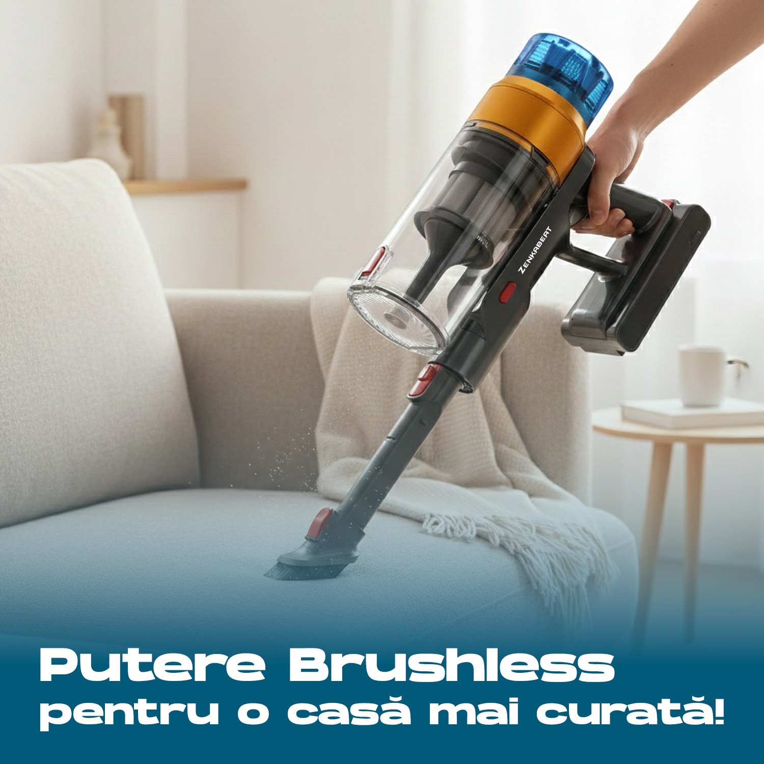 Aspirator vertical fara fir Zenkabeat XC400, 2in1: 400W Brushless, Baterie 17600 Mah, acumulator Li 29.6V, autonomie pana la 50 min, aspirator vertical sau de mana, Tub extensibil, Perie Led, rezervor praf 0.8 l, 30kPa, filtru HEPA, Negru/Portocaliu
