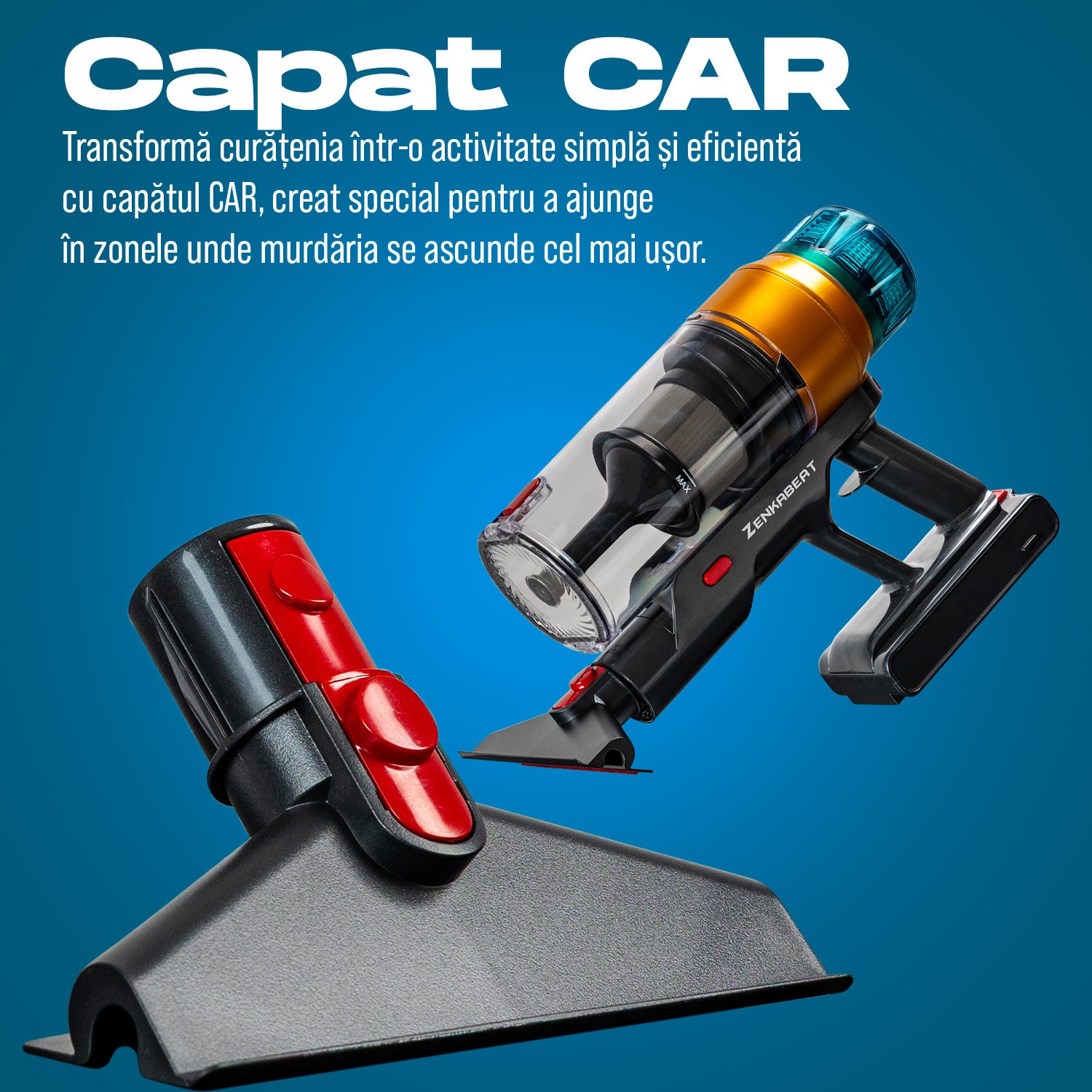 Aspirator vertical fara fir Zenkabeat XC400, 2in1: 400W Brushless, Baterie 17600 Mah, acumulator Li 29.6V, autonomie pana la 50 min, aspirator vertical sau de mana, Tub extensibil, Perie Led, rezervor praf 0.8 l, 30kPa, filtru HEPA, Negru/Portocaliu