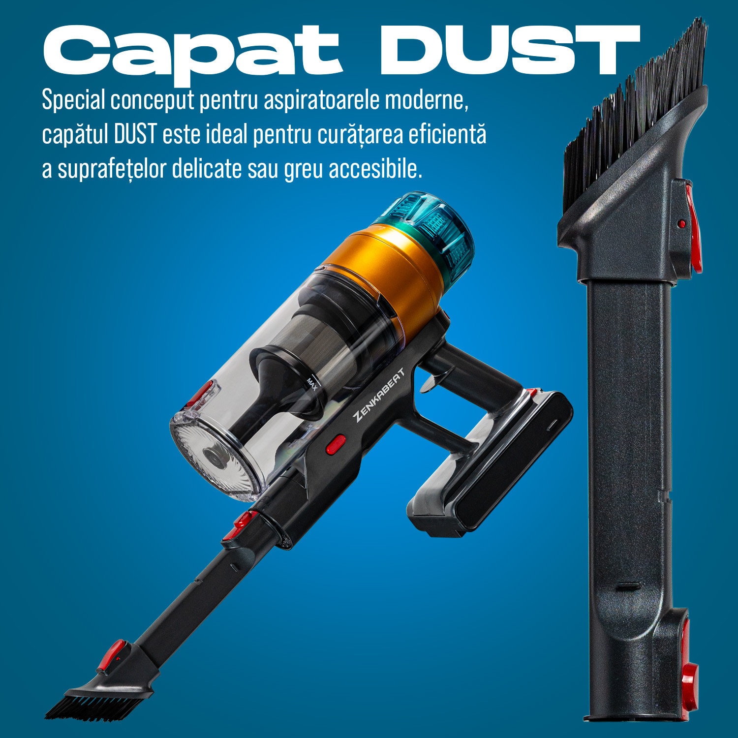Aspirator vertical fara fir Zenkabeat XC400, 2in1: 400W Brushless, Baterie 17600 Mah, acumulator Li 29.6V, autonomie pana la 50 min, aspirator vertical sau de mana, Tub extensibil, Perie Led, rezervor praf 0.8 l, 30kPa, filtru HEPA, Negru/Portocaliu