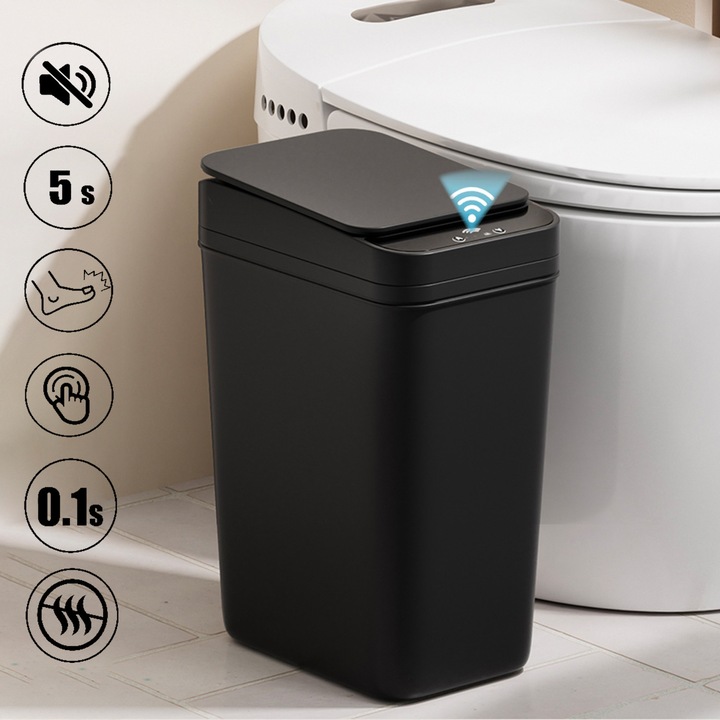 Cos de Gunoi cu Senzor Automat, Lynker, Cos de gunoi inteligent, senzor sensibil incorporat, impermeabil, pentru baie, dormitor, living, bucatarie, birou, 12L, negru, 23.5*15.8*32cm - Design Modern si Igienic