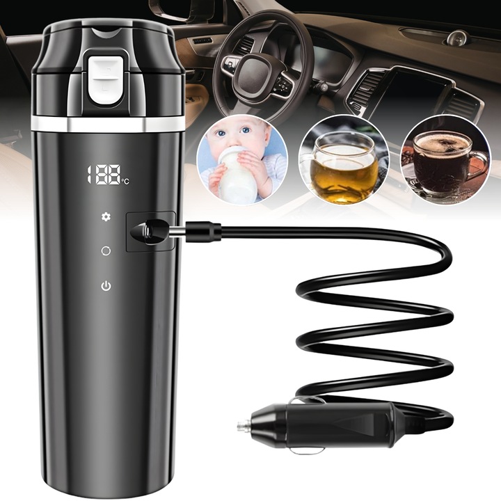 Fierbator electric portabil pentru masina, Luxofia, control inteligent al temperaturii, 4 moduri, display LED, 500ml, otel inoxidabil 304, compatibil 12V/24V, cu strecuratoare ceai, negru