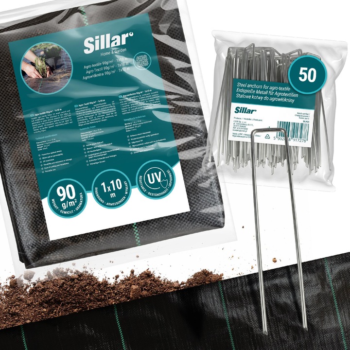 Set Folie agrotextil, antiburuieni, filtru UV, saltea de gradina, 90g/m2 1x10m + 50x Ace de fixare pentru plasa de protectie plante, 15cm, Sillar