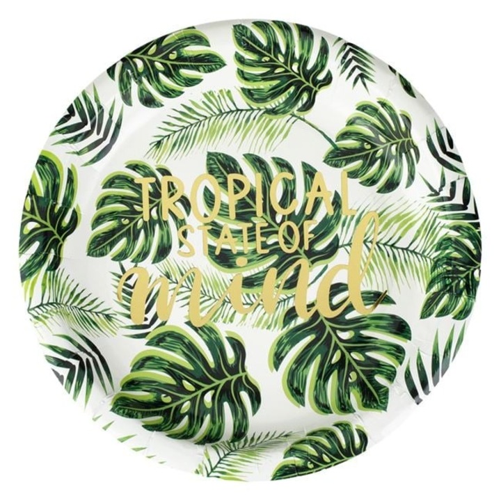 Set 6 Farfurii Carton Petrecere Vara Antbro®, Ø18 cm, Model Frunze Tropicale Verzi cu Mesaj Folie Aurie – "TROPICAL STATE OF MIND", Unica Folosinta, Decor Festiv Copii/Aniversari