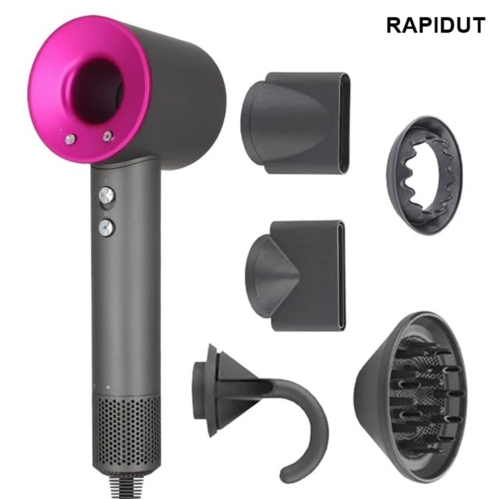 Hajszárító, RAPIDUT, LED kijelzők, gubancolódásgátló, szénkefe nélküli motor, negatív ionok, 4 hőmérséklet-beállítás, 3 sebességfokozat, 1600 W, kivehető szűrő, 110000 fordulat/perc, 5 formázó tartozék, szürke