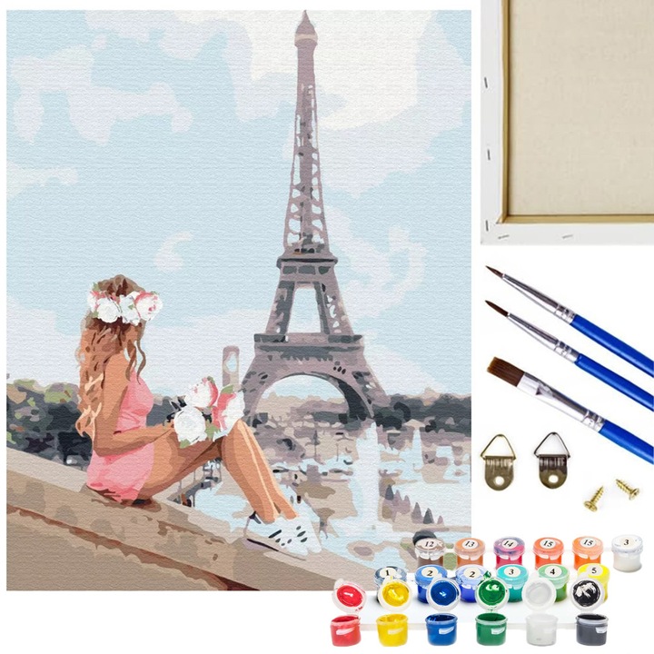 Kit pictura dupa numere, ArtNico, femeie la Paris, 40x50cm, 24 vopsele acrilice, 3 pensule, kit de agatare, alb, include: panza cu marcaje, vopsele acrilice, pensule, carlige si cuie pentru agatare, model, ambalaj original