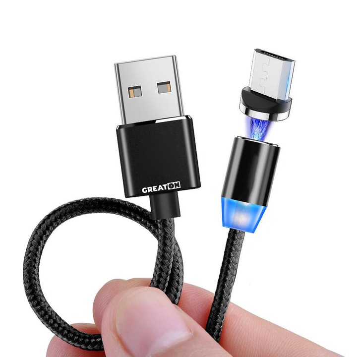 Cablu Magnetic De Incarcare 3 In 1 GREATON, Compatibil Lightning, Micro-USB Si Type-C, Culoare Negru