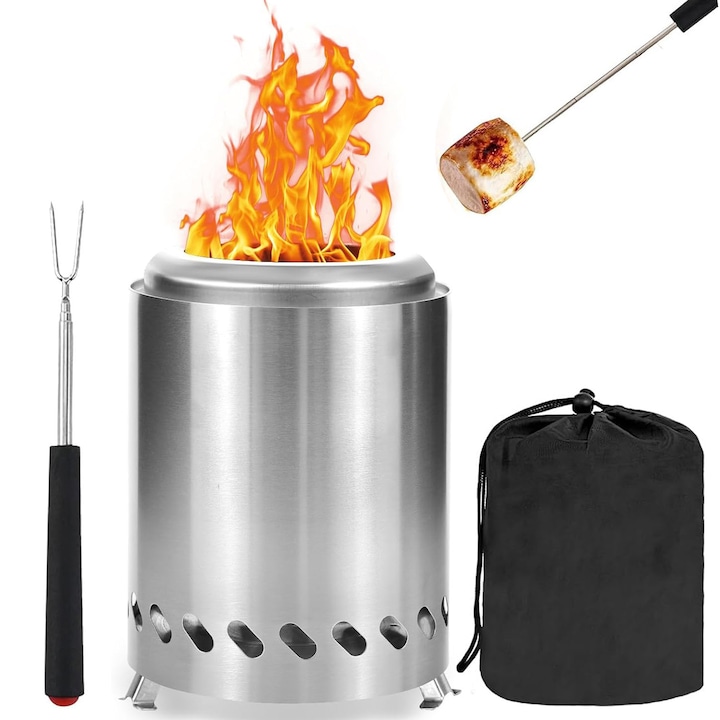 Преносимо бездимно огнище, неръждаема стомана, с телескопична вилица, чанта за транспорт, къмпинг, тераса, градина, риболов