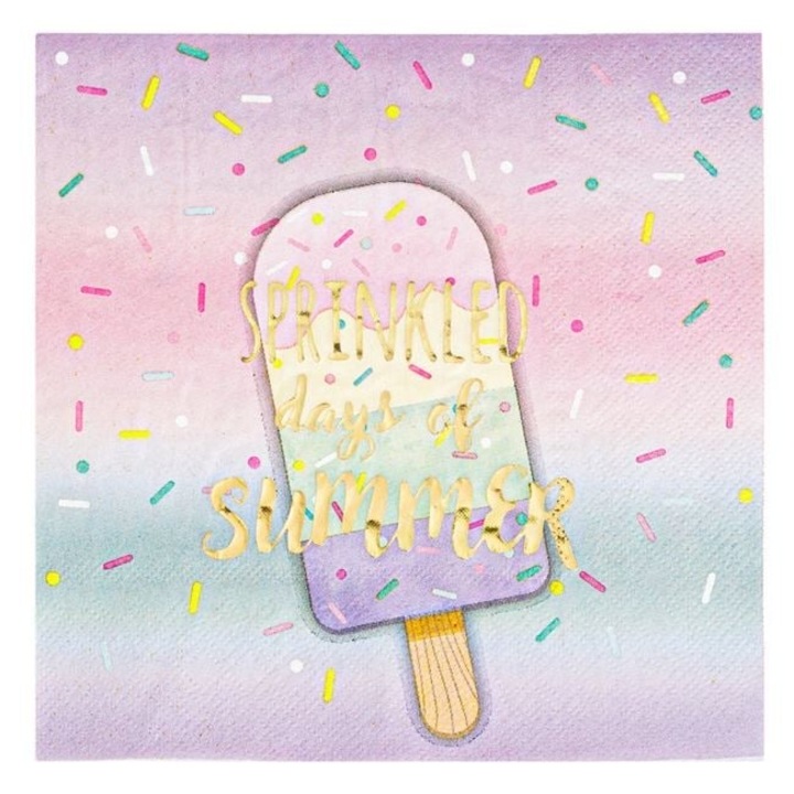 Set 12 Servetele Masa Antbro® cu 2 Straturi, 33x33 cm, Culori Pastelate cu Model Inghetata si Mesaj Folie Aurie – Summer Party, Decor Petrecere Vara/Aniversare