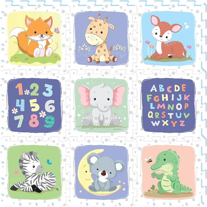 Пъзел-подложка от EVA пяна за деца Ludiro, комплект от 9 образователни елемента с животни, букви и цифри, безопасен, нетоксичен, обща площ 89x89 см, 3D сглобяване, игра и учене