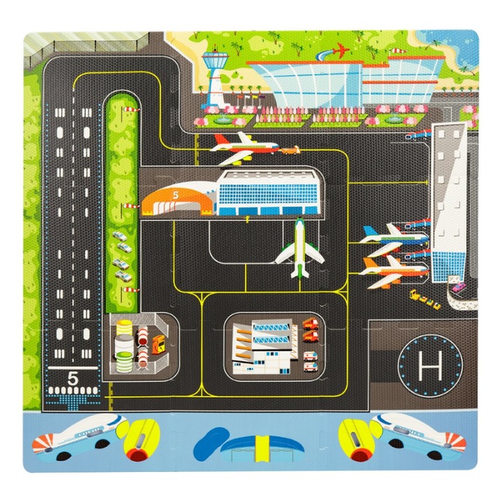Пъзел-подложка от EVA пяна за деца Ludiro, комплект от 9 образователни елемента с летище, 3D самолет за сглобяване, безопасен, нетоксичен, обща площ 92x92 см, игра и учене