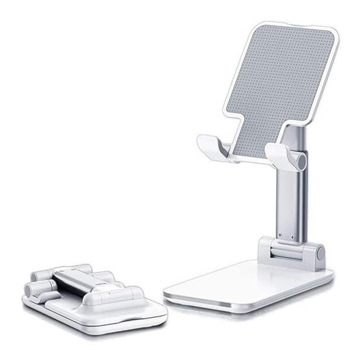 Suport Birou pentru telefon, Pliabil si ajustabil, Universal, Protectie silicon, Alb