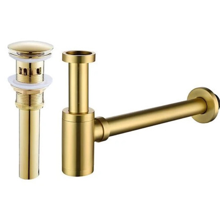 Сифон с клапан, Изскачаща система, Златен, с преливник, силиконово уплътнение, Zaro