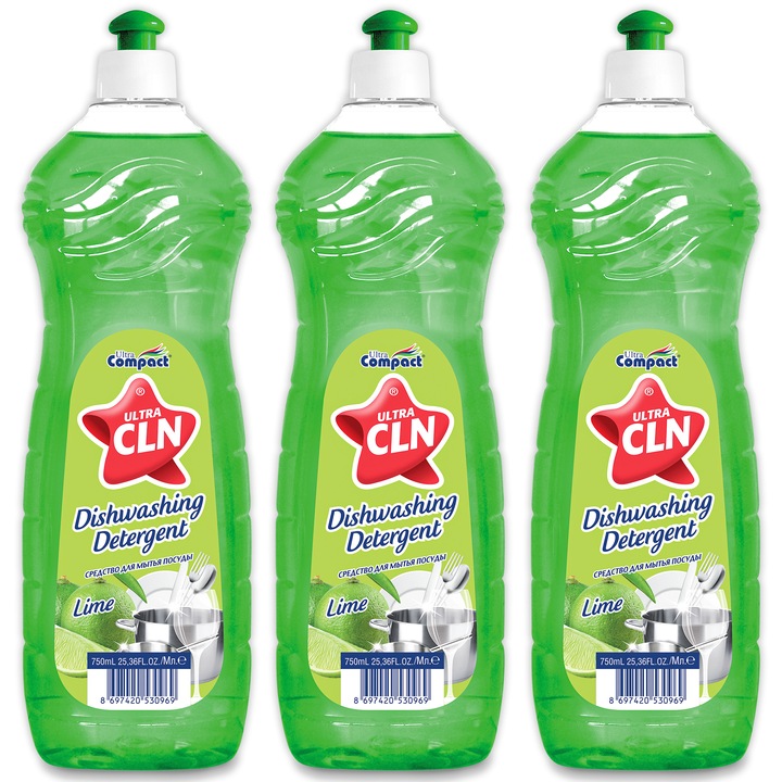 Set 3 x Detergent de Vase UltraCLN cu Parfum de Lime 750ml, Ultra Compact, 2250 ml – Putere Antigrasime
