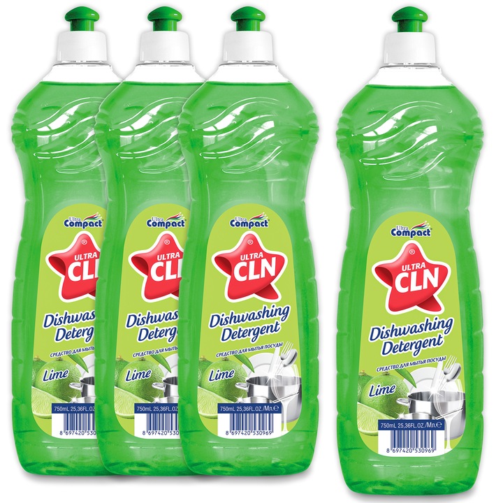 Set 4 x Detergent de Vase UltraCLN cu Parfum de Lime 750ml, Ultra Compact, 3000 ml – Putere Antigrasime