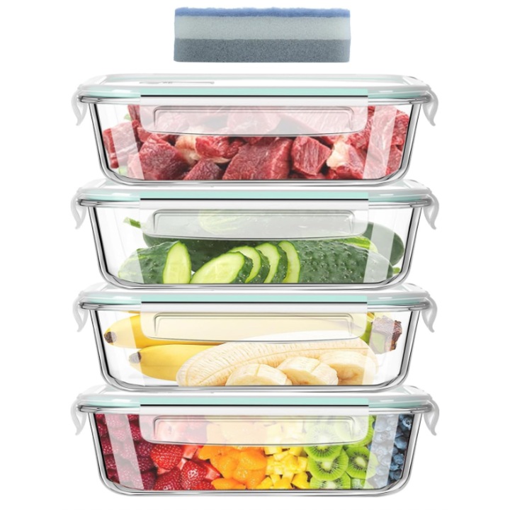 SIAZIH Set de 4 cutii de depozitare pentru alimente de 1040 ml (cu capac) si 1 burete de curatare, cutii de depozitare cu capac, set de cutii de depozitare reutilizabile, potrivite pentru cuptorul cu microunde, frigider si masina de spalat vase