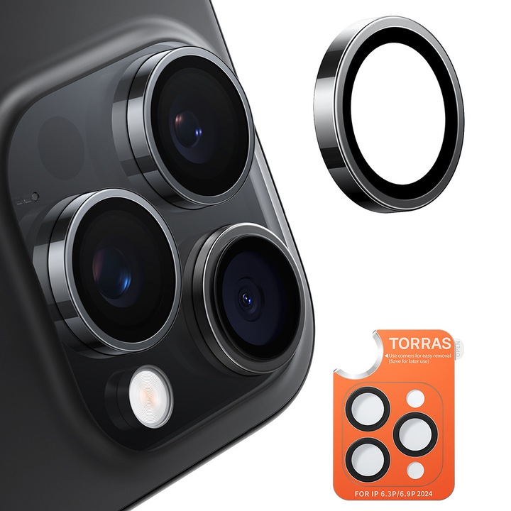 Kamerafólia iPhone 16 Pro / iPhone 16 Pro Max készülékhez - Torras Lensguard kameravédő - fekete